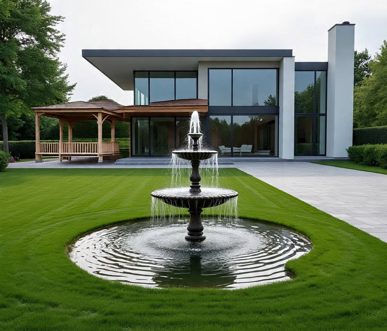 Full landscape build with paving, lawn and fountain