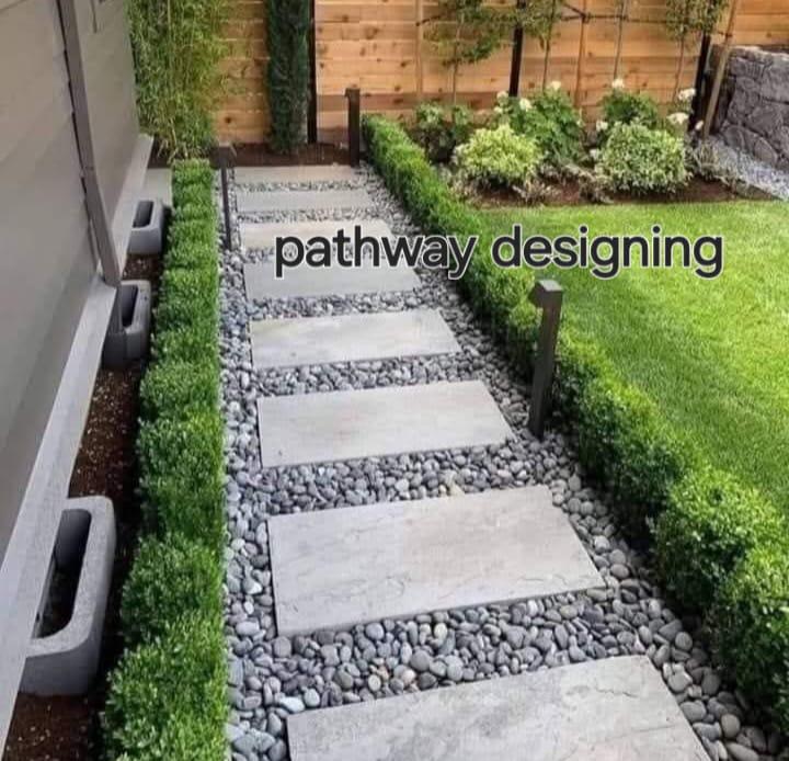 Pathway designing with pavers, pebbles and hedging